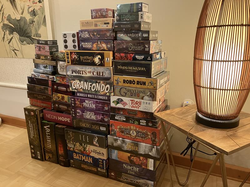 [Our SPIEL 2026 games waiting in the dining room]
